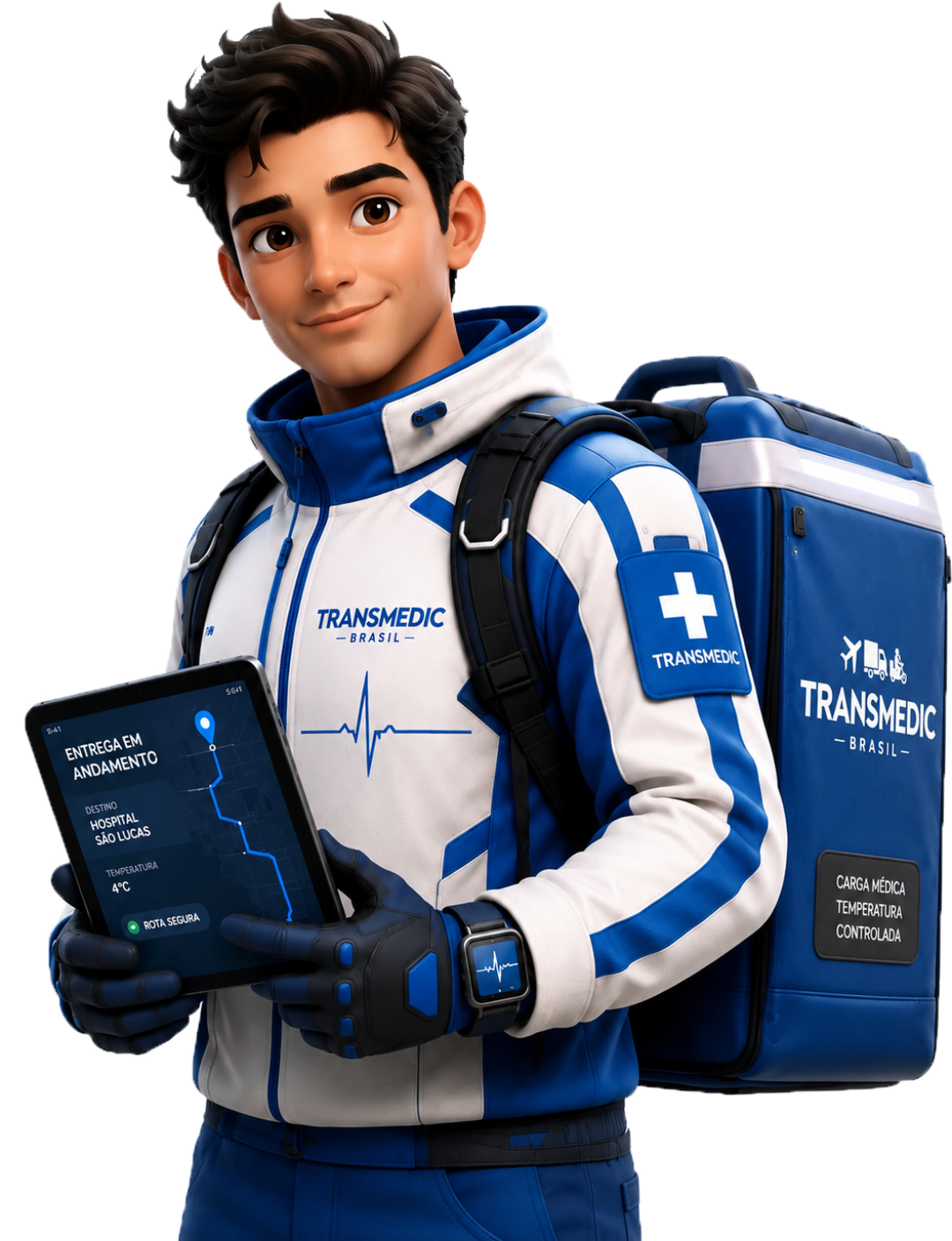 Agente de entrega Transmedic Brasil com mochila térmica controlada e tablet de monitoramento